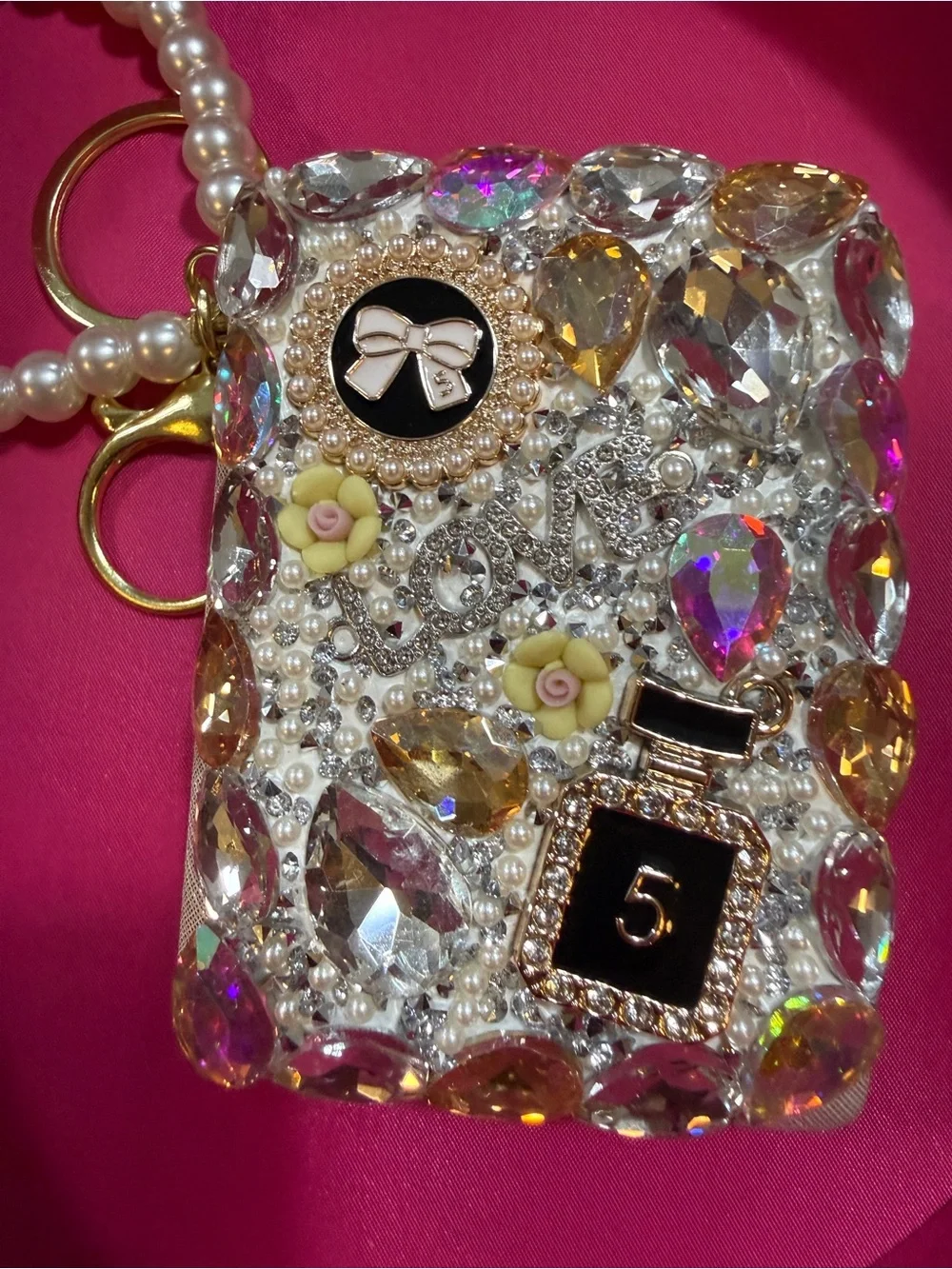 Bejeweled Pearl Wristlet Phone Case - Pink Mirror